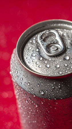 Close-up of a soda can with water drops on a red backgroundの素材