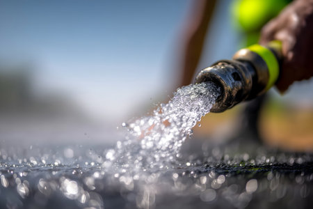 Close-up of a tennis player spraying water on a tennis ballの素材