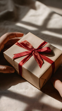 Hands holding a gift box with a red ribbon on a light backgroundの素材