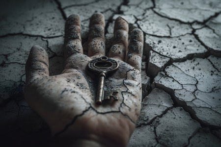 Hand holding a key on cracked earth background, concept of financial crisisの素材