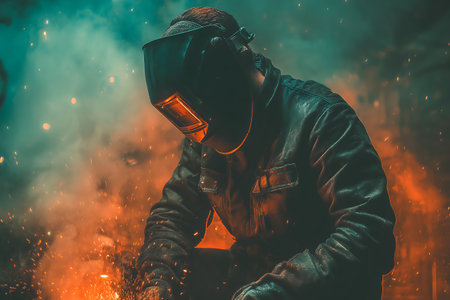 Portrait of a welder in a protective mask welds metal.の素材