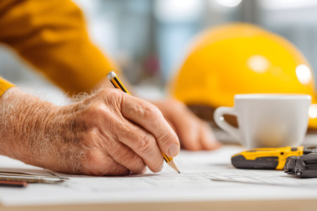 Architect working on blueprint at desk in office, close-upの素材