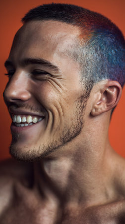 Portrait of a smiling young man with multicolored hair on orange backgroundの素材