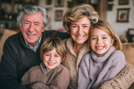 Portrait of happy grandparents with grandchildren sitting in armchair at homeの素材