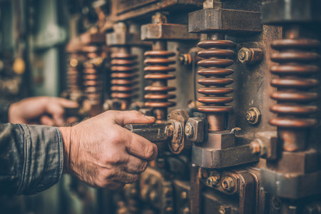 Close up of a man's hand turning on a power generator.の素材