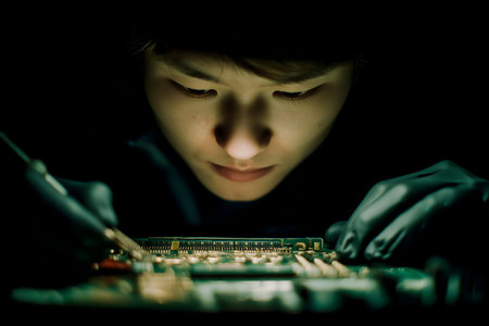 Computer repair and maintenance. Close-up of young man repairing computer motherboard at night.の素材