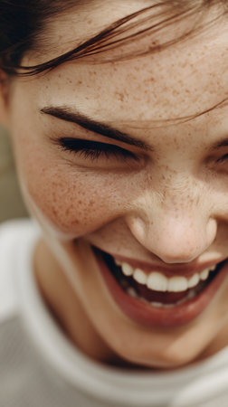 Close up portrait of a smiling young woman with freckles on her faceの素材