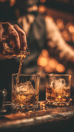Bartender pouring whiskey into glass with ice cubes on bar counterの素材
