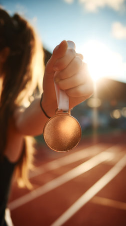 Sportswoman holding golden medal on stadium track, closeup viewの素材