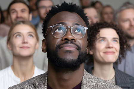 Portrait of young African American man in eyeglasses looking at camera with group of diverse people in backgroundの素材