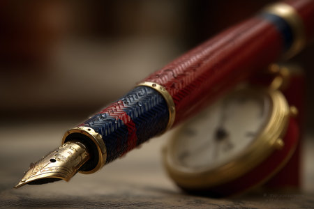 Vintage fountain pen and antique clock on a wooden table. Selective focus.の素材