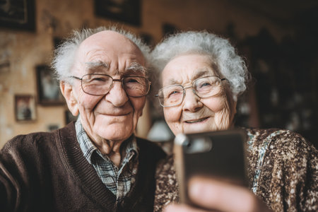Portrait of happy senior couple taking selfie with mobile phone at homeの素材