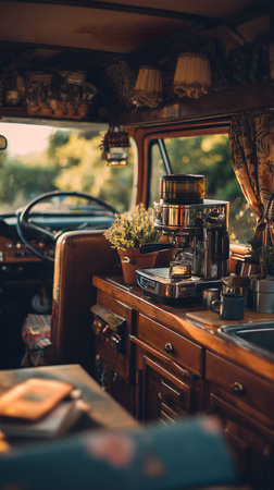 Vintage coffee machine in a retro camper van. Travel and adventure concept.の素材
