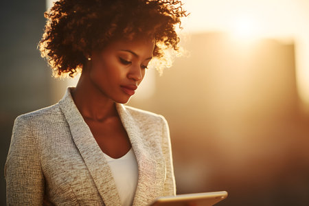 Portrait of a beautiful african american businesswoman using digital tablet outdoorsの素材