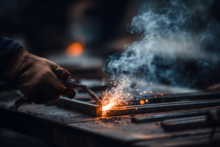 Welding work in the factory. Worker welding metal with sparks.の素材