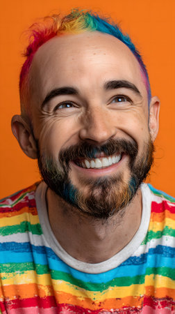 Portrait of a happy man with colorful hair on an orange backgroundの素材