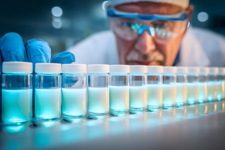 Scientist holding test tube with blue liquid in laboratory, science research and development conceptの素材