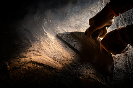 Man hand holding a knife on a dark background. Close up.の素材