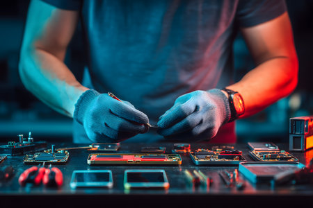 Technician repairing a computer. Close-up of hands in gloves.の素材