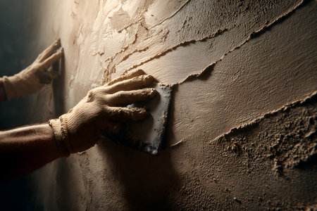 Worker plastering the wall with a spatula, closeupの素材