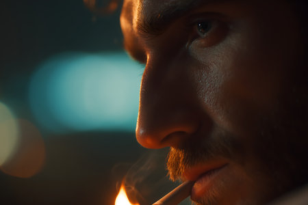 Man lighting a cigarette in the dark. Close-up portrait.の素材