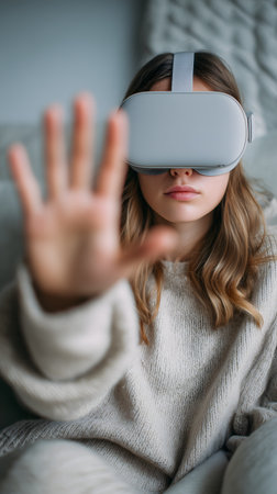 selective focus of young woman in virtual reality headset showing stop gestureの素材