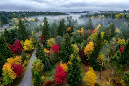 Aerial view of autumn forest with colorful trees in foggy morningの素材