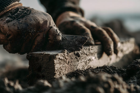 Gloves hands laying brick cement construction worker masonry dirty industrialの素材