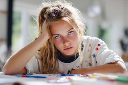 Portrait of a beautiful young girl sitting at a table with paintsの素材