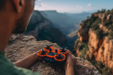 A man holds a quadcopter in his hands against the background of the mountains.の素材