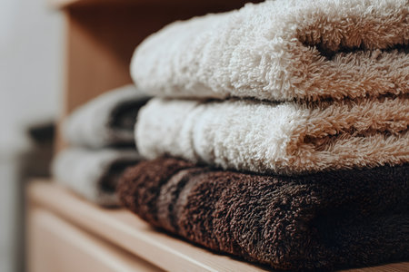Stack of clean towels on shelf in bathroom, closeup. Hygge conceptの素材