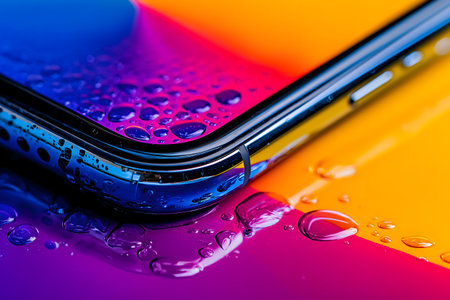 Smartphone with water drops on a colorful background. Close-up.の素材