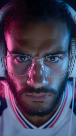 Portrait of a young man with glasses and headphones. Close-up.の素材