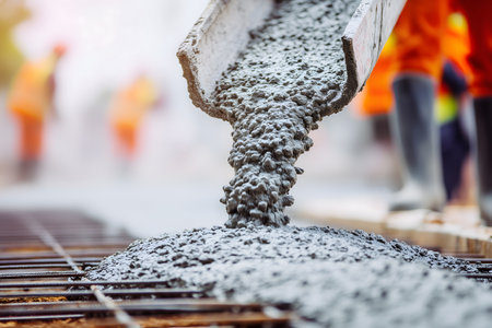 Workers are pouring concrete on a construction site. Selective focus.の素材