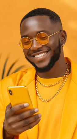 smiling african american man in yellow clothes and sunglasses using smartphone isolated on orangeの素材