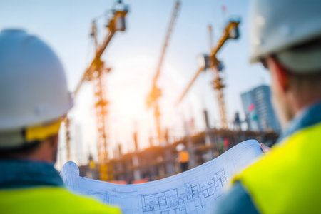 Engineer or architect with blueprint at construction site or building site.の素材