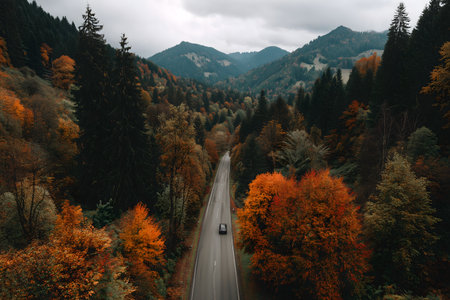 Aerial view of autumn road in the mountains. Car on the road.の素材