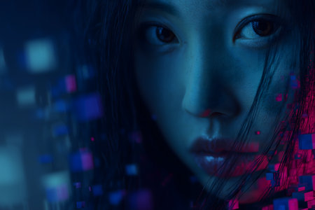 Portrait of a beautiful young woman in a dark room with neon lights.の素材