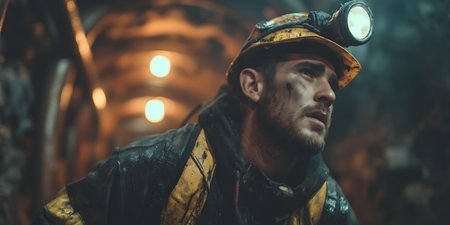 Serious young miner worker portrait underground tunnel hardhat industrial jobの素材