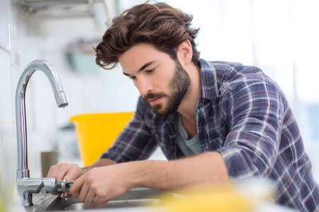 Handsome man fixing sink in kitchen at home in the morningの素材