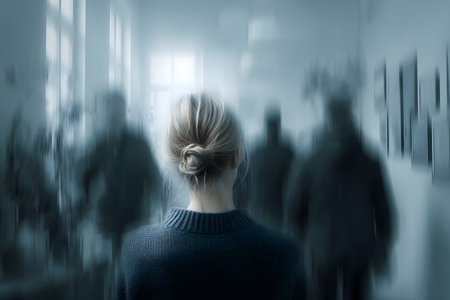 Blond woman in the corridor of a modern building. Rear view.の素材