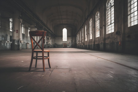 Abandoned industrial interior of an old factory building with a chairの素材
