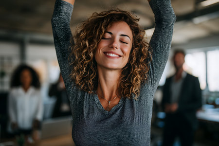 Portrait of happy businesswoman with arms raised while standing in officeの素材