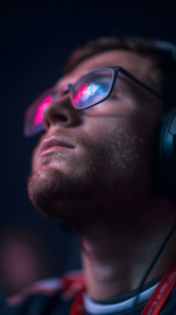 Close up of a man with headphones listening to music in the darkの素材