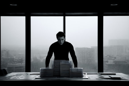 Businessman standing on top of stack of coins in office with city view and foggy window background. Risk management and financial growth concept.の素材