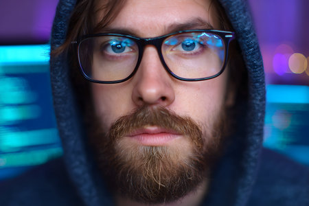 Portrait of a young man with a beard in a hood and glasses.の素材