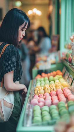 Beautiful Asian woman buying colorful macaroon in the market.の素材