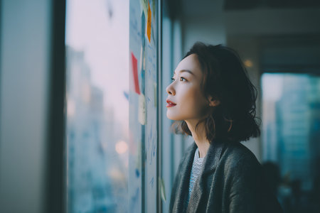 Portrait of young asian woman standing near window at office.の素材