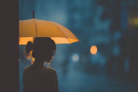 Young woman with umbrella in the rain, vintage filter and soft focusの素材