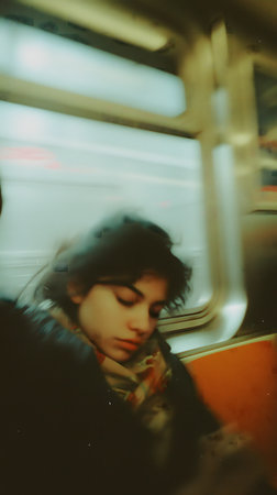 Young woman in a subway car at night. Blurred motion.の素材